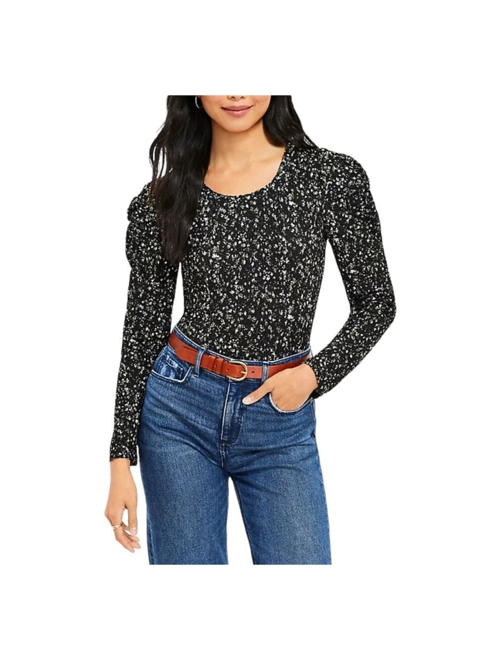 Loft Floral Waffle Textured Puffy Long Sleeve Blouse Size SP Black/Pink